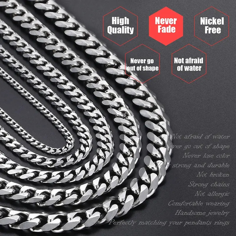 3/5/7/9/11mm Men's Silver Color Necklace Stainless Steel Cuban Link Chain For Mens Womens Basic Chokers 18-30inch Valentine Birthday Gift