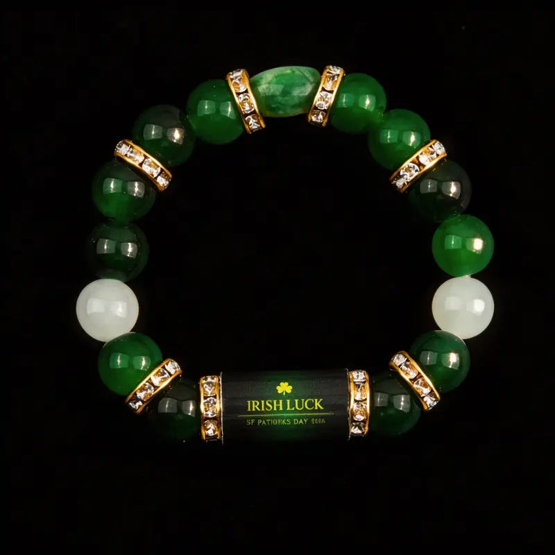 Irish Luck St. Patrick's Day Bracelet | Green Agate Lucky Clover Beaded Bracelet with Rhinestones | Luck Bracelet - Attract Wealth, Abundance and Perfect Good Luck Gift for 2026!