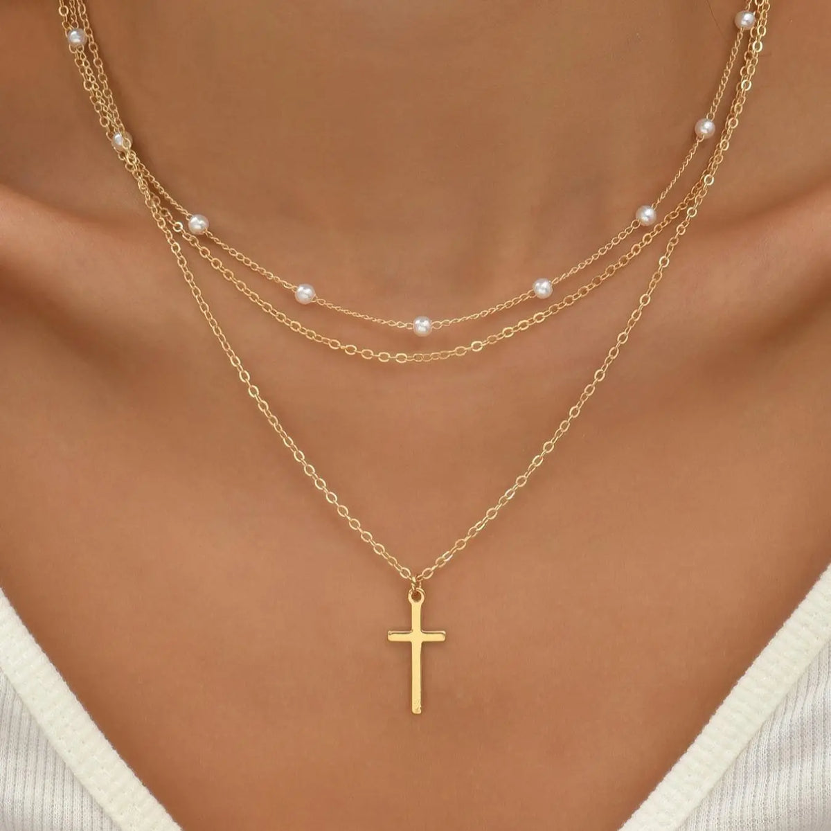 2pcs/set Women's Cross Pendant Necklace, Stainless Steel Chain Necklace, Faux Pearls Decor Layered Necklace, Decorative Necklace, Accessories for Party, Daily Clothing Decor for Girl, Dainty Layering Jewelry, Necklace Gift