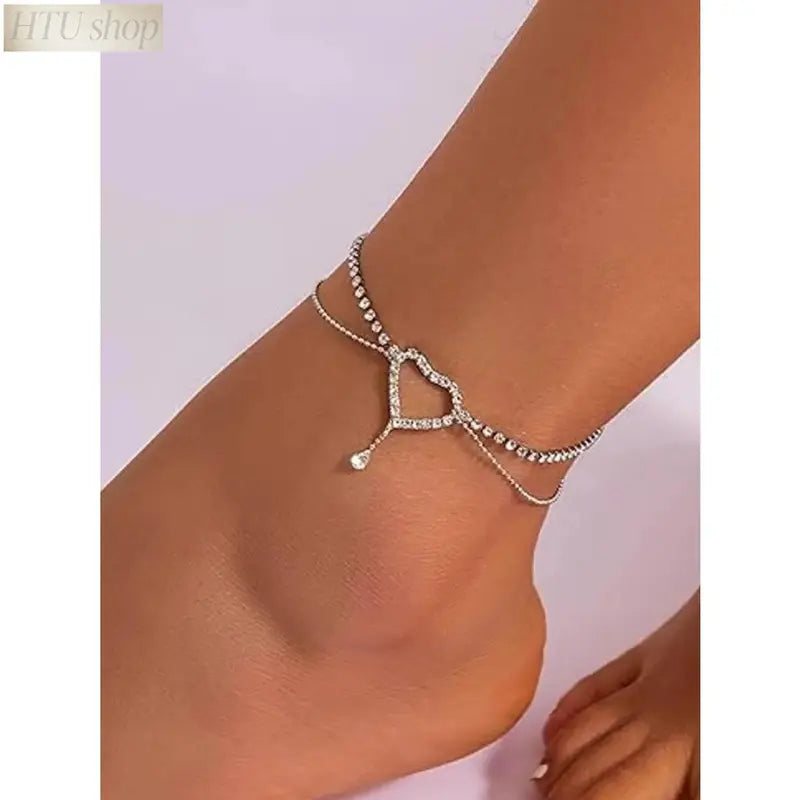 Women's Elegant Heart Rhinestone Anklet - Stainless Steel Chain Wearable Jewelry, Elegant Accessory, Light Luxury Casual Style, Ideal for Everyday Wear, Beach Date Night Gift