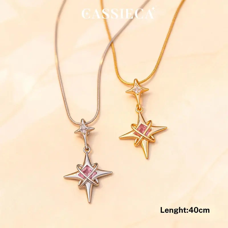 CASSIECA Pointed Star Cross Pendant Stainless Steel Necklace 40cm Long Clavicle Chain, Dainty Non Tarnish Luxury Jewelry with Cubic Zirconia, Retro Style Daily Wear Accessories, Ideal Gifts for Women, Stainless Steel Necklaces Sohochic