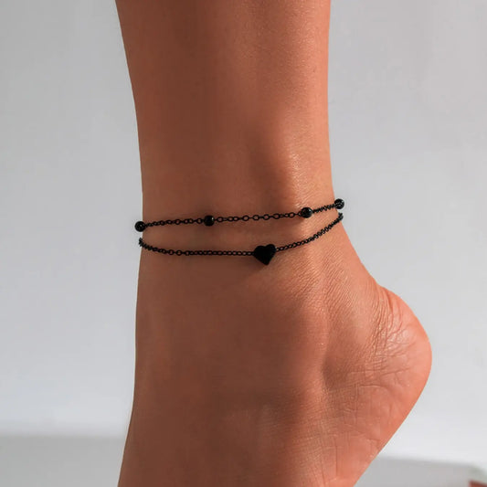2Pcs Summer Black Heart Beaded Layered Anklet, Foot Jewelry, Wearable Jewelry, Trendy Beach Accessories for Women