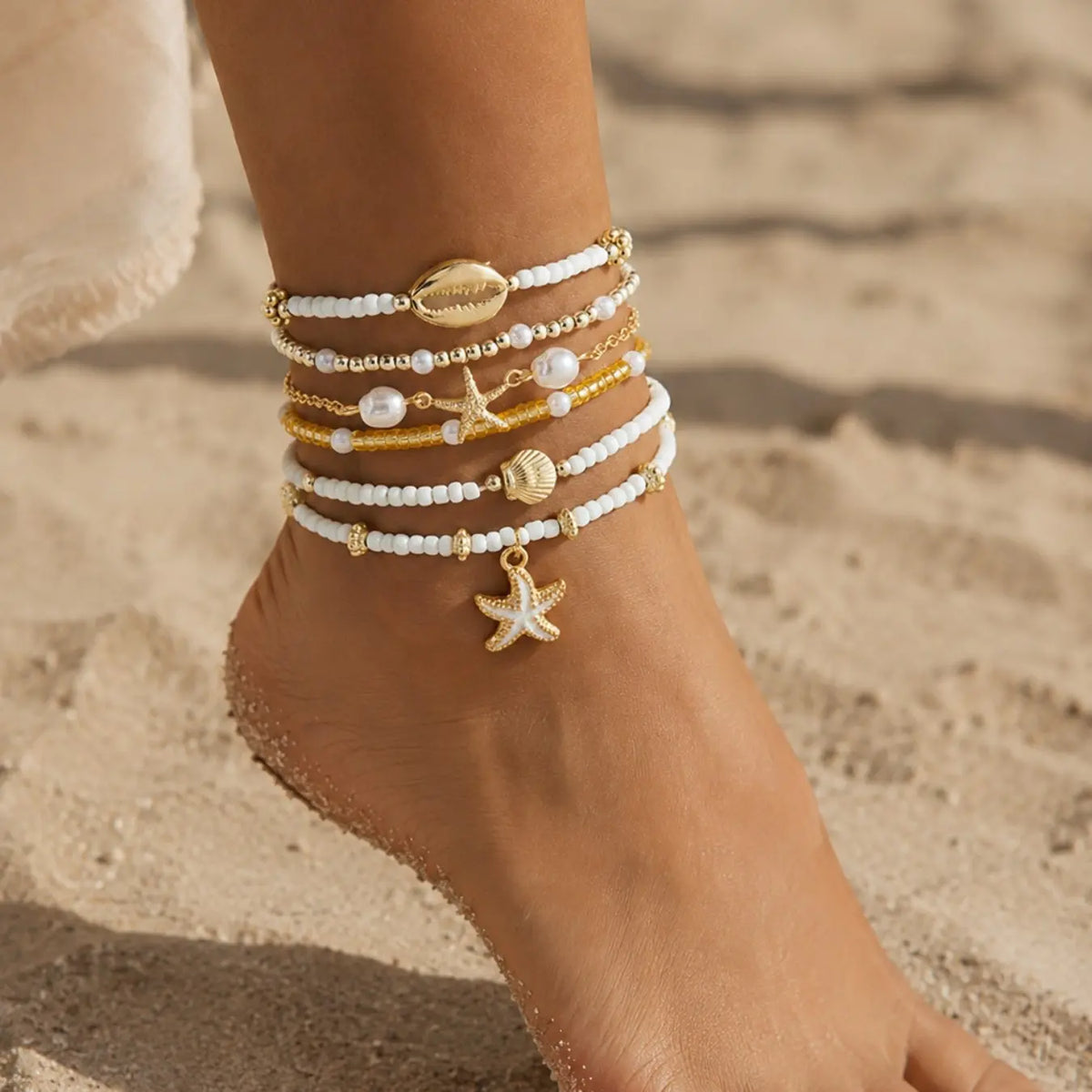 6 Pcs Bohemian Beach Style Enamel Starfish Rice Bead Anklets, Multi-layered Shell Beaded Jewelry Anklets for Casual and Vacation Wear, Boho Anklet