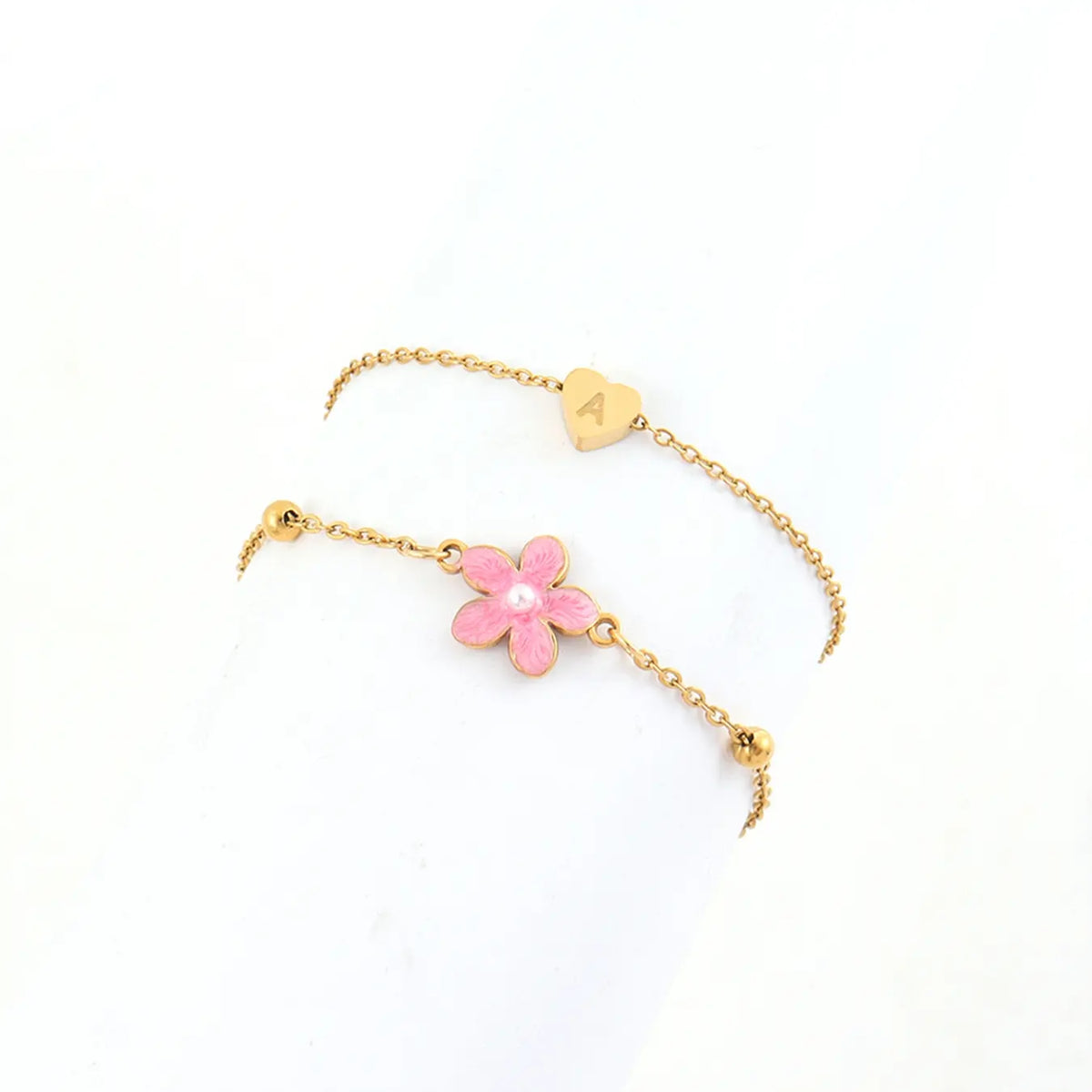 Mother's Day Gift Women's Stainless Steel Chain Dainty Layered Anklet, Fashionable Accessory , Heart Initial Pink Color Flower Design for All Seasons, Summer Jewelry