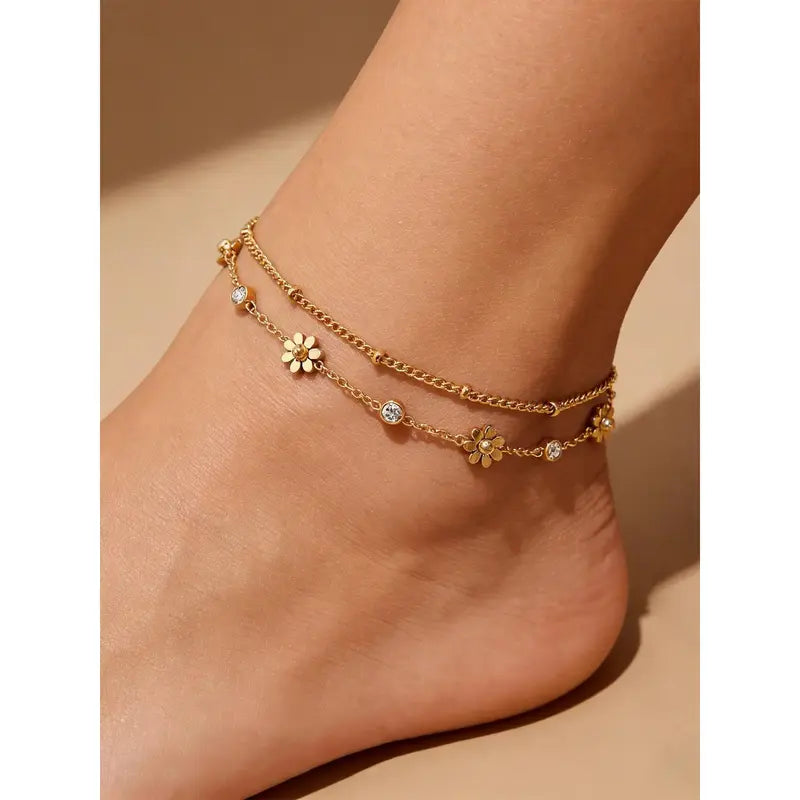 Gold Daisy Layered Design Anklet for Women, Stainless Steel Double Chain Ankle Bracelet with Cubic Zirconia, Adjustable Fit Flower Foot Jewelry for Summer Beach men cuban link tarnish proof Heart Rate Couples Set