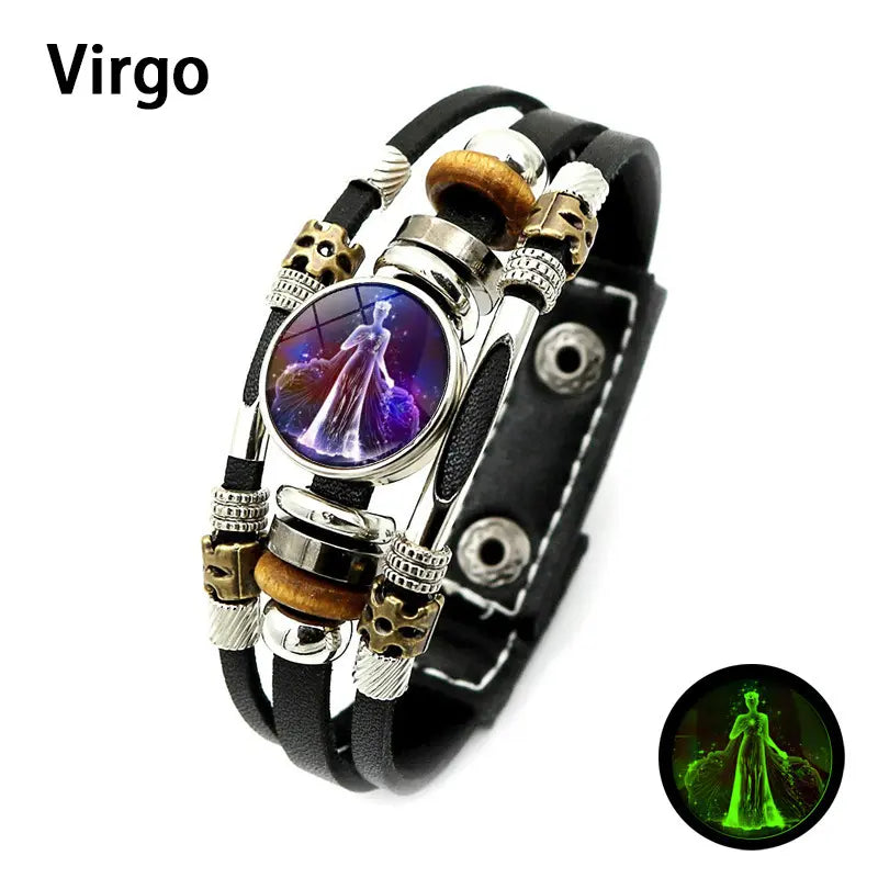 Glow-in-the-Dark 12 Zodiac Signs Leather Bracelet for Women Men 6.9in/8.1in, Glowing Effect Jewelry for Astrology Lovers, Fashion Accessory Jewelry Gift