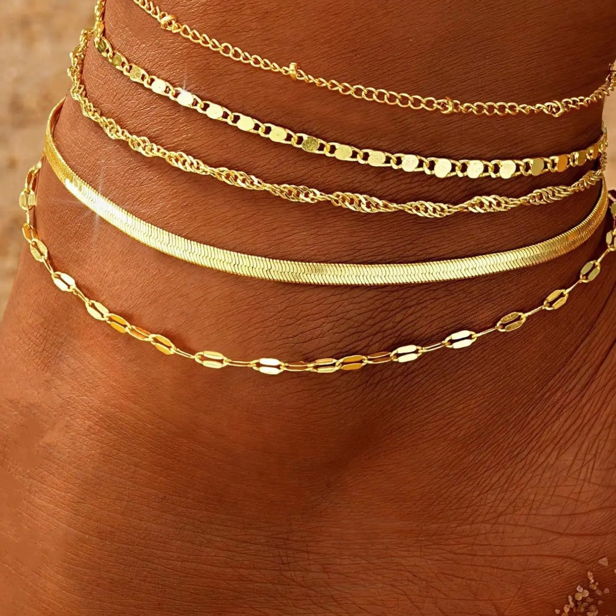 5pcs/set Multilayer Bohemian Style Snake Chain & Lotus Chain Anklet Bracelet Set, Adjustable Summer Beach Trendy Jewelry, Boho Anklet