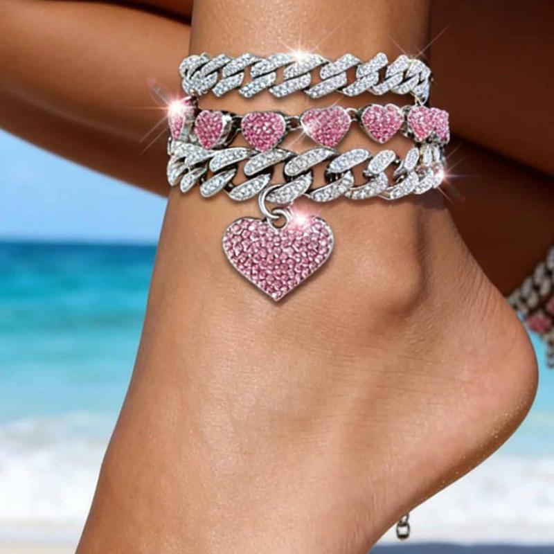 Rhinestone Decorated Heart Charms Design Dainty Layered Anklet, Fashionable Anklet for Women, Elegant Accessory, Trendy Versatile & Exquisite Jewelry, Foot Jewelry, Ideal Gift for Birthdays