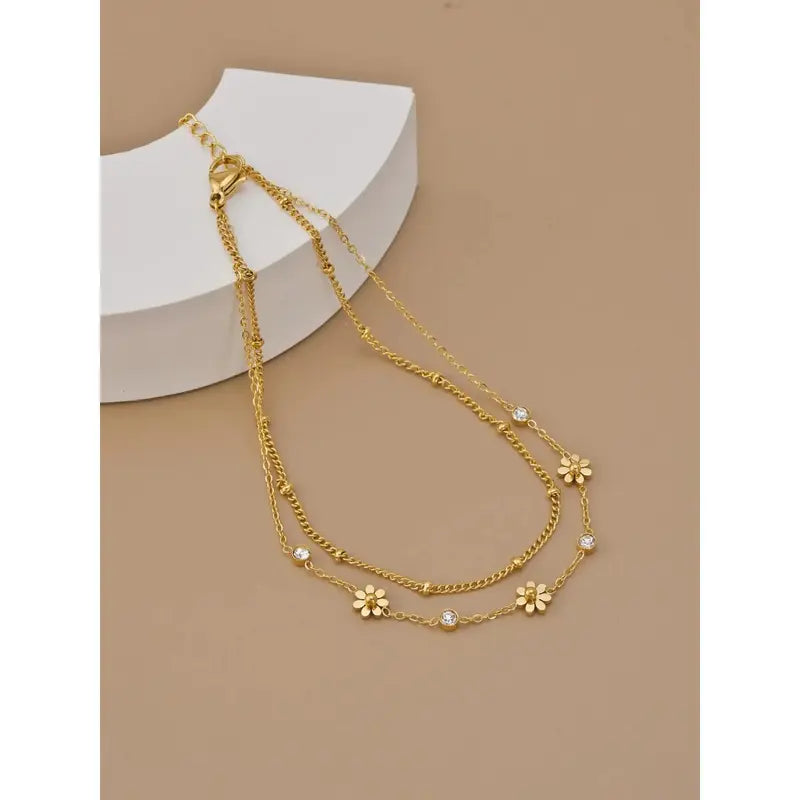 Gold Daisy Layered Design Anklet for Women, Stainless Steel Double Chain Ankle Bracelet with Cubic Zirconia, Adjustable Fit Flower Foot Jewelry for Summer Beach men cuban link tarnish proof Heart Rate Couples Set