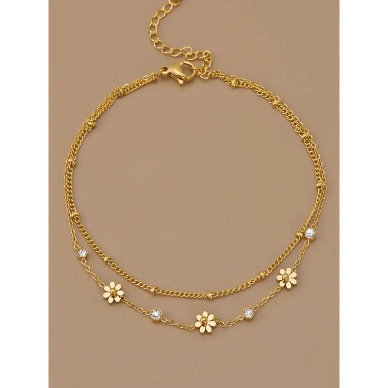 Gold Daisy Layered Design Anklet for Women, Stainless Steel Double Chain Ankle Bracelet with Cubic Zirconia, Adjustable Fit Flower Foot Jewelry for Summer Beach men cuban link tarnish proof Heart Rate Couples Set