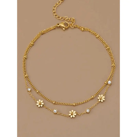 Gold Daisy Layered Design Anklet for Women, Stainless Steel Double Chain Ankle Bracelet with Cubic Zirconia, Adjustable Fit Flower Foot Jewelry for Summer Beach men cuban link tarnish proof Heart Rate Couples Set