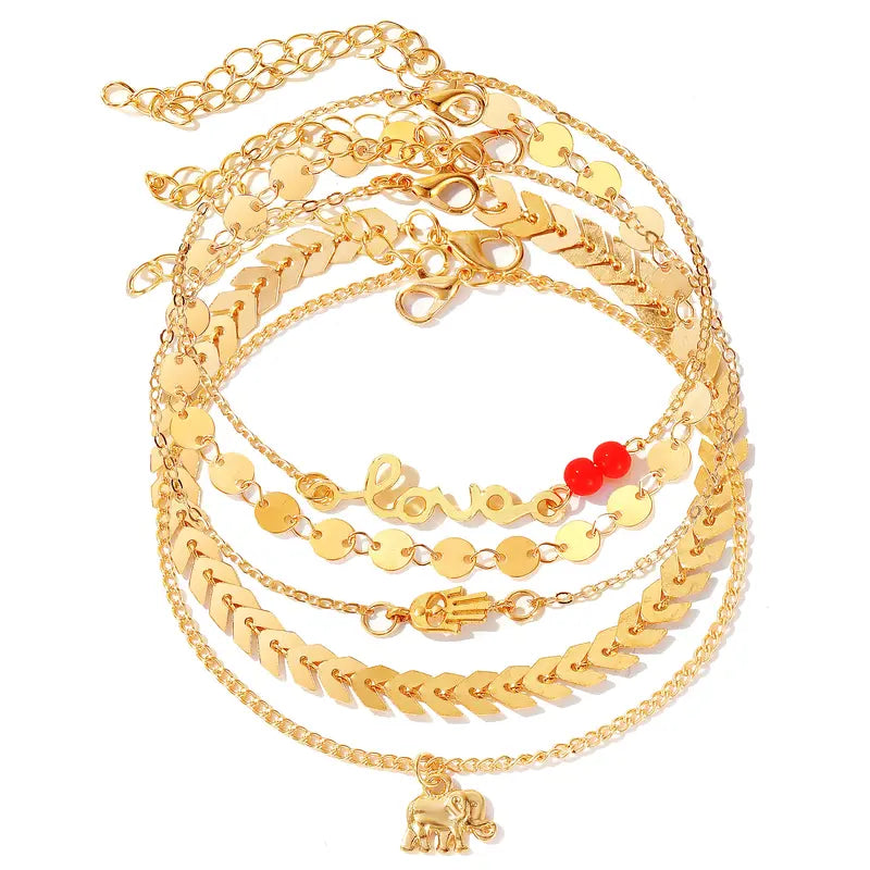 Female Gold-Layered Anklets - Boho Chevron Pattern, Hamsa Hand, Elephant Foot, Geometric, Love Letter Bead Animal Layering Foot Chains for Summer Gifting (Sports & Outdoor Camping & Hiking Hammocks Accessory)