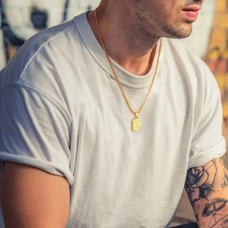 Initial Necklaces for Men & Women, 22in 2mm Rope Chain, Yellow Gold Metal Coating Stainless Steel, Customizable Personalized Charm, Long Casual Fashion Costume Jewelry, Ideal Gift