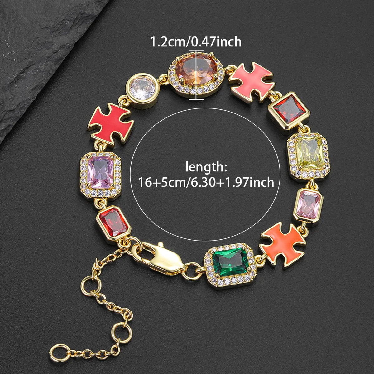 ICED CHICS Cross-Drip Oil Colored Cubic Zirconia Copper Chain Bracelet, Geometric Cube Design Hip-hop Style Bracelet, Birthday Gift for Party and Special Occasions, Adds Elegance and Sophistication, Unisex Design, Bracelet Jewelry, Fashion Bracelet
